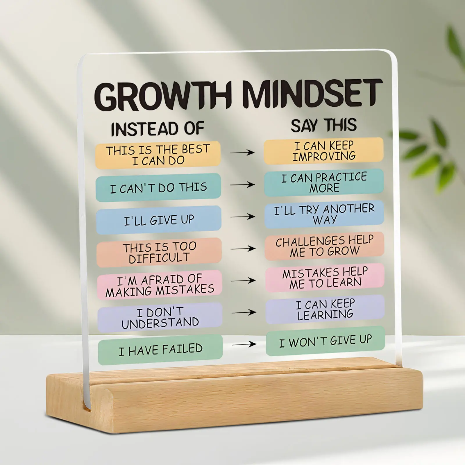 Growth Mindset Office Decor Sign, Acrylic Plaque Decor, Ideal for Cubicle or Desk Signage Decoration, Motivational Gift for Female Colleagues and Friends, Wooden Decor, Office Home Decor