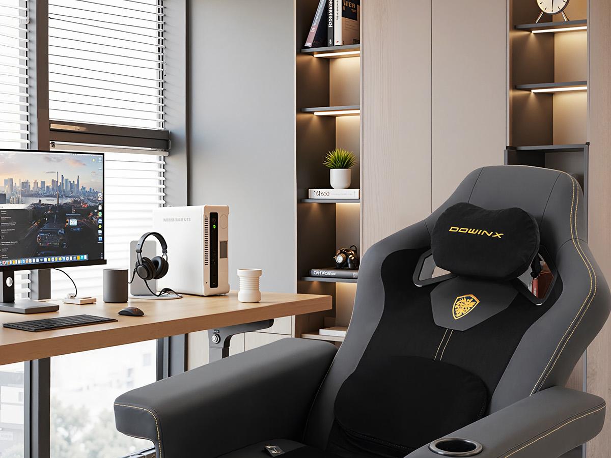 Dowinx Racing Style Gaming Recliner Chair with Massage Lumbar Support, Footrest, Cup Holder, Side Pouch, High Back Ergonomic Video Game Chair Reclining No Wheels Heavy Duty, Black Red Fabric/Leather