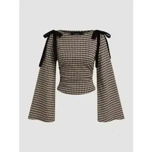 Boat Neck Gingham Bowknot Ruched Long Sleeve Top