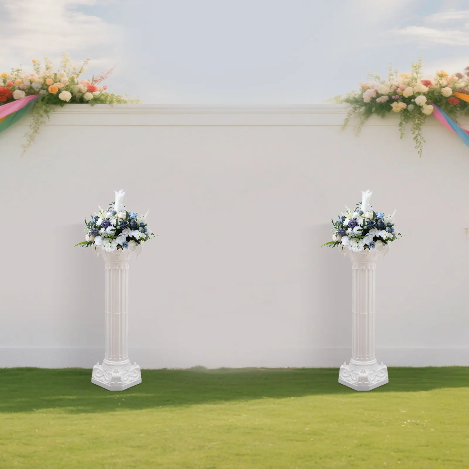 Elegant European 2-Pack White Striped Plastic Roman Pillars (34.65 in Tall, 3kg/6.61lbs) - Home & Party Ornaments, Patio Decoration, Table & Rectangle Window Accent