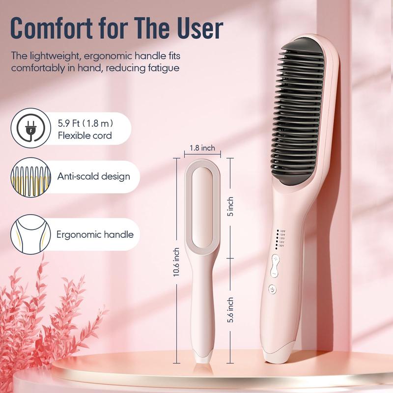 Professional Hair Straightening Brush - 60s Fast Heat Up, 5 Heat Settings for All Hair Types, Worldwide Dual Voltage, Auto Shut Off - Ideal Women's Gift (Anti-Scald, Pink) Straightener Smooth