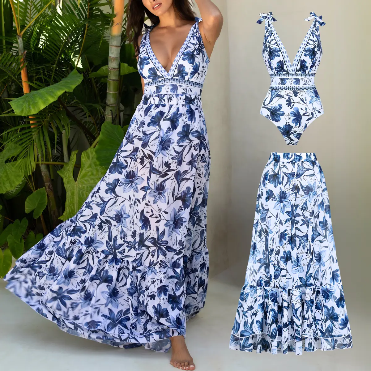 FLAXMAKER Women's V Neck Blue Floral Print Tummy Control One Piece Swimsuit and Chiffon Maxi Skirt Set Stylish Elastic Waist Sheer Swimdress Swimwear Bathing Suit Tankini Beachwear Decorative Bow Straps#Summervibes #SwimWeek #Summerwins tiktokshopbacktosc
