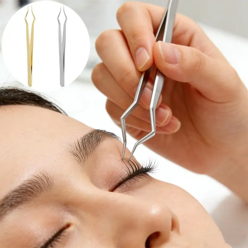 2pcs V-Groove False Eyelash Tweezer, Eyelash Extension Tweezers, High Precision Anti-static Cosmetic Tool, For Makeup Artists And Beginners, Stainless Steel Accessory, Ideal For Eyelash Extension And Daily Beauty Makeup
