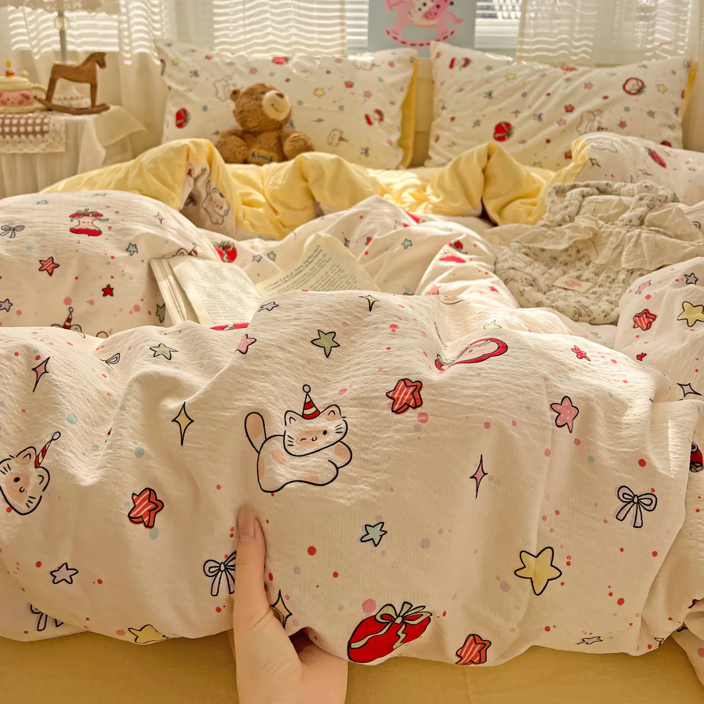 4pcs Double Layer Soft Bedding Set, Comfy Bedding Sets, Cozy Bedding Set, Cartoon Sheet Set, Single Person Three-Piece, Suitable for Bedroom, Guest Room, Dormitory