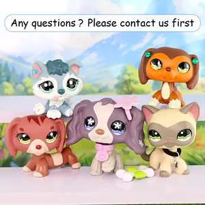 5Pcs Big Eye Pet Figurines Set, Assorted Spaniel Dachshund Husky Dog & Siamese Cat Mini Dolls with Flower Collar Bone Accessories, Kids Pretend Play Toy Collectible Ornament Birthday Gift