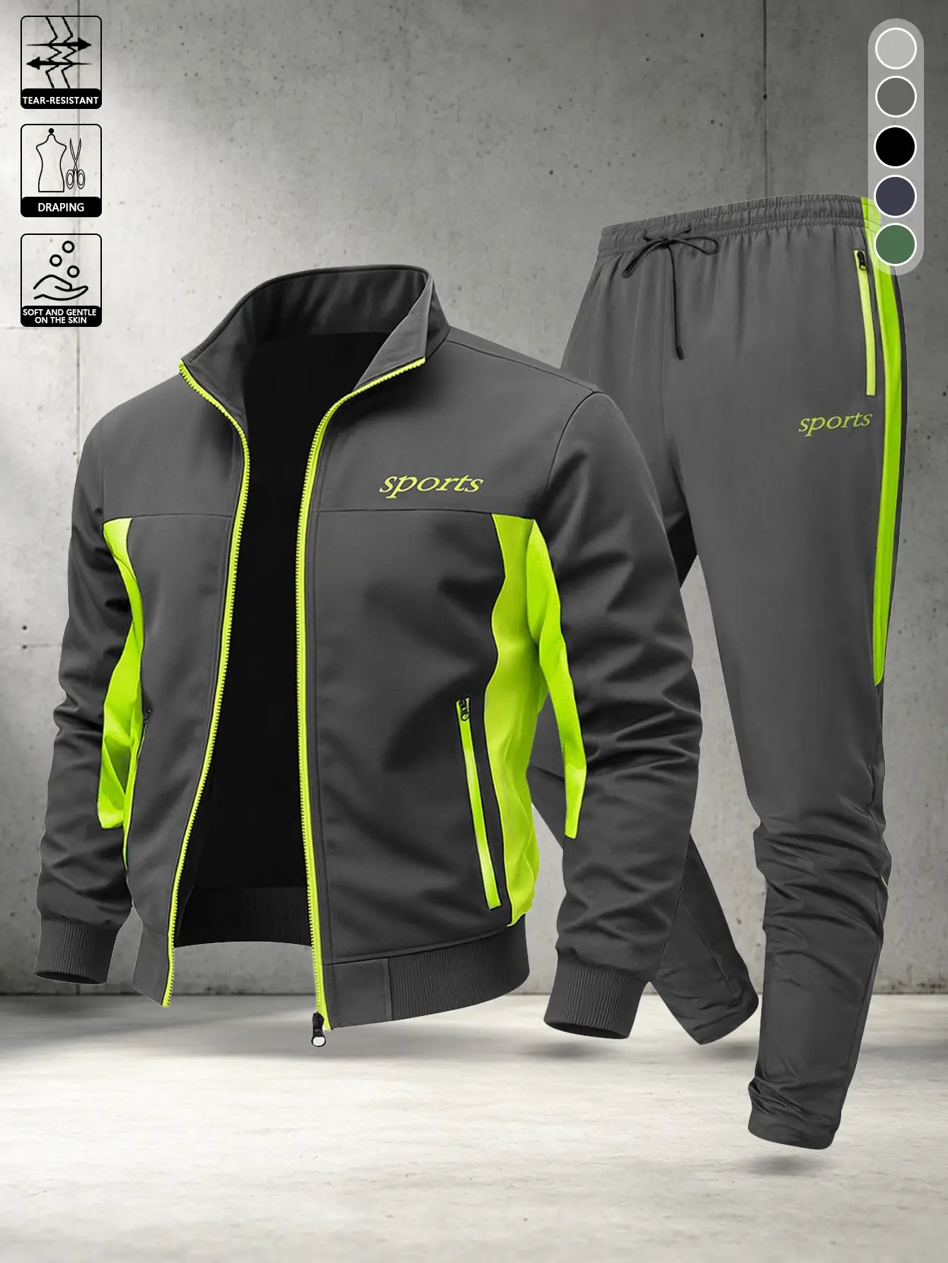Men’s two-piece set with sports print design, lightweight windproof activewear featuring a zip jacket and athletic pants with elastic cuffs, suitable for gym workouts and running training.