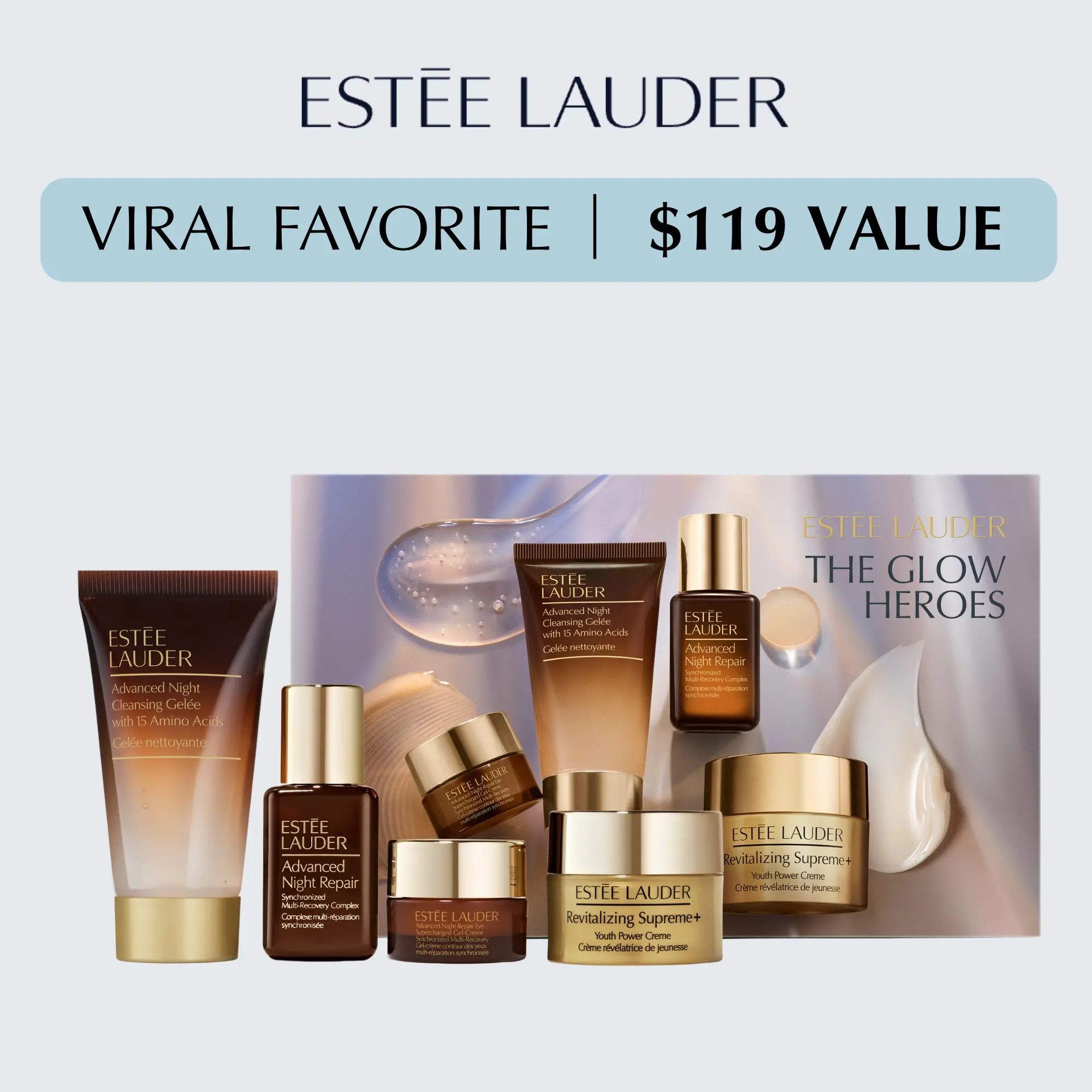 [Estée Lauder] Nia Long Viral Travel Set | The Glow Heroes Skincare Holiday Gift Set | Deep Cleansing | Anti-Aging | Hydrating | Firming & Lifting
