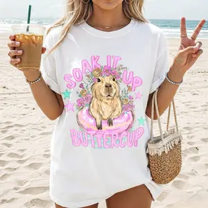 Funny Capybara Soak It Up Buttercup Graphic Tee |   Premium Soft Feel Women's Oversized T-Shirt |   Trendy Summer Pool Shirt