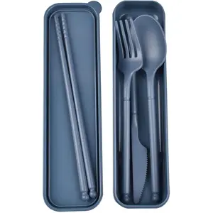 Camping Utensil Set, Reusable Utensils Set with Case, Plastic Cutlery Set Forks Spoon Tableware Chopsticks, Portable Cutlery Set for Travel Picnic Camping or Daily Use (Dark Blue)
