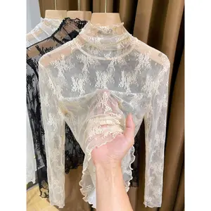 Lace turtleneck bottoming shirt women's spring autumn and winter hollow thin inner mesh shirt long-sleeved top High end lace undershirt