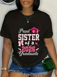 100% Cotton Unisex Senior 2026 Proud Sister Of A 2026 Graduate Family Coquette T-Shirt Graphic Casual Round Neck Tee
