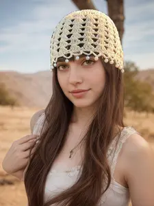 Handmade Crochet Hollow Beanie Hat for Women, Boho Fringe Tie Knit Cap, Handcrafted Cap, Perfect for Spring and Summer Fashion Accessories