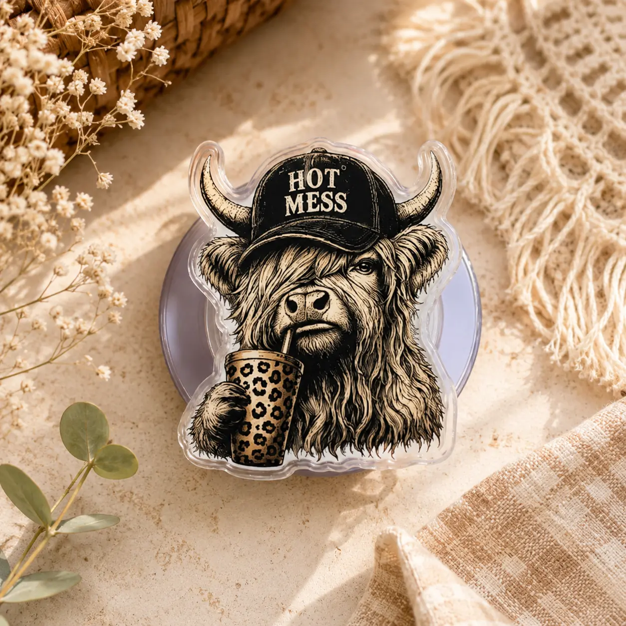 Hot Mess Highland Cow Magnetic Phone Grip, Funny Cow MagSafe Phone Holder, Western Highland Cow Kindle Grip Stand, Cowgirl Phone Accessory Gift