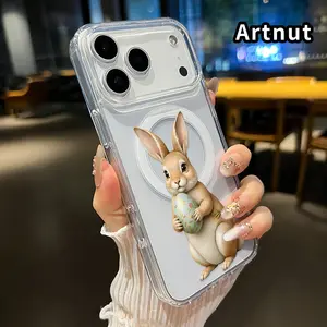 Magnetic Phone Case for iPhone 17 Pro Max 16 Plus 15 14 13 12 11 Air E Bunny with Easter Egg Pattern Acrylic Back Silicone Edges Scratch-resistant Skin-friendly Feel Cover for boy girl