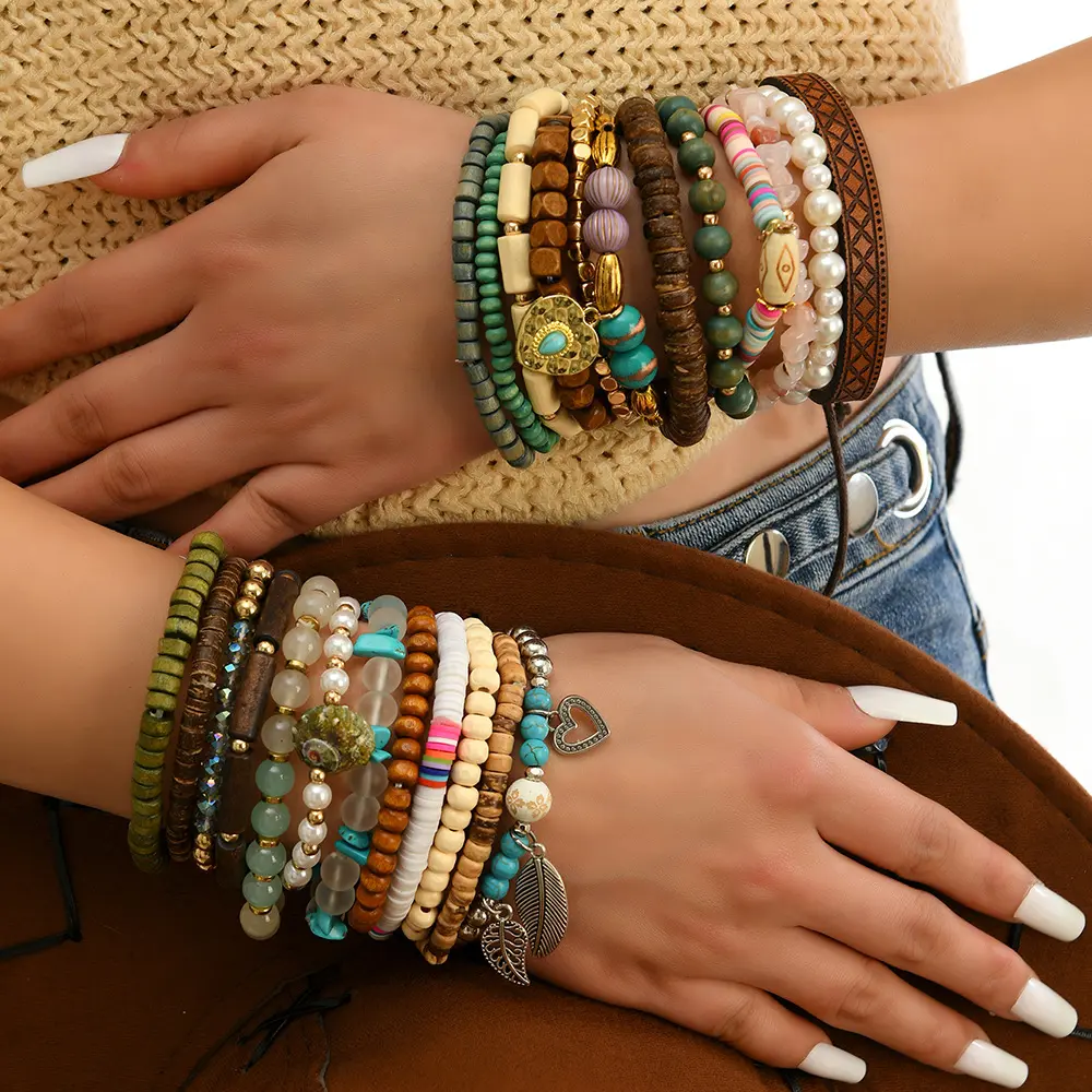 Women's 5pc Bohemian Ethnic Wood Bead Charm Bracelet Stacks - Trendy Jewelry, Bohemian Bracelets, Stretch Multilayered Wristbands with Stone, Cactus, Hamsa Hand, Butterfly Charms for Sports & Outdoor Use