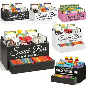 Snack Organizer for Countertop, Pantry Storage Bins with Handles, Snack Organizer for Pantry, Kitchen, 4 Compartment Food Container Snack Box with Drawer, Snack Display, Chip Rack Candy Display for Concession Stands And Parties