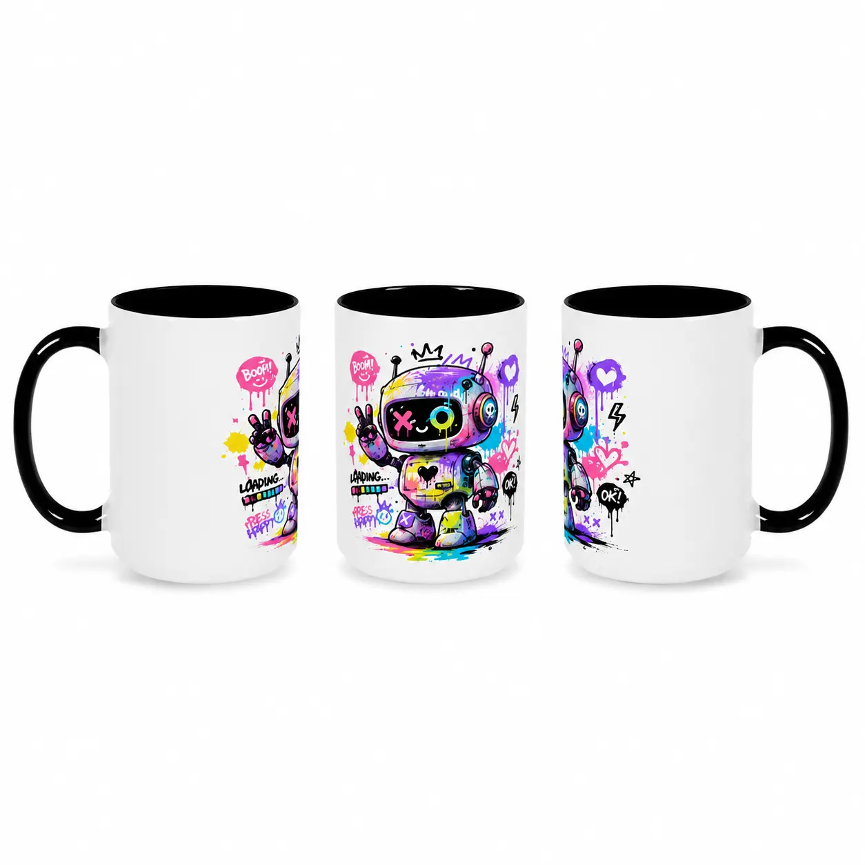 11oz Cute Robot Graffiti Art Ceramic Coffee Mug - Premium Home Supply, Robot Motif, Gamers Vibe, Dishwasher Safe, Ideal Gift for Creators, Daily Use Drink Cup