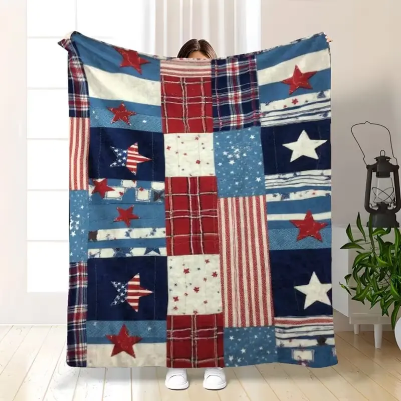 1pc Patriotic American Flag & Stars Blanket - Soft Flannel Bedspread with Red White & Blue Patchwork,  Comforter Suitable for Home, Camping, Travel & Holiday Gifts