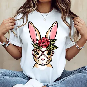 Cute Bunny With Rose And Glasses Print T Shirt White Casual Loose Fit Women's Top For Everyday Wear And Spring Outfits