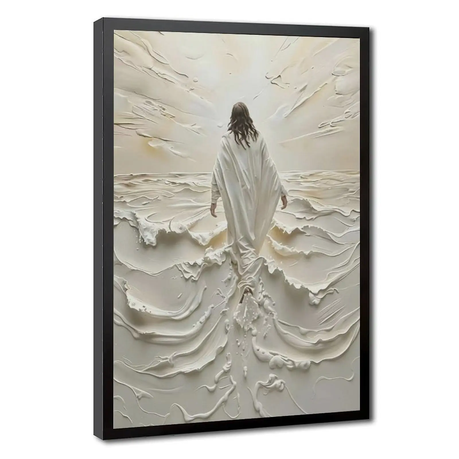 Jesus Walking on Water Luminous Flame-Style Canvas Painting Poster with Box - Easy Hanging Modern Art Design Christianity Wall Decoration, Divine Light Home Decor, Christian Gift