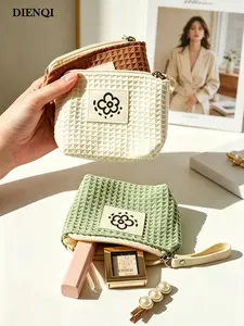 Cute Sunflower Weave Mini Zipper Pouch, Floral Patch Small Cosmetic Bag, Portable Coin Purse for Lipstick, Cards & Keys, Soft Cotton Travel Organizer