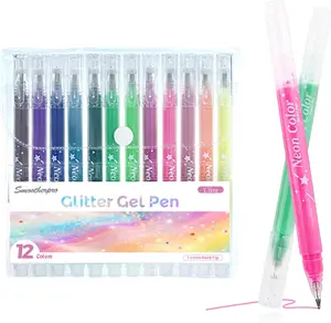 SMOOTHERPRO Metallic Glitter Gel Pens | Pack of 12 | 1.0 mm Tip Glitter Sparkly Biro | for Adult Colouring Books Cards Journaling Crafting Drawing Writing