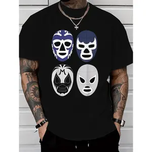 Lucha Libre Wrestling Tee 100% Cotton Crew Neck T-Shirt with Geometric Mask Design for Men Casual Running Training Hiking All Seasons Top Black Shortsleeve Menswear Crewneck Tropical