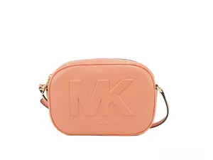 Pre-owned MICHAEL KORS Leather, Leather Tote Bags Jet Set Travel Medium Sherbert Leather Oval Camera Crossbody Women's Bag