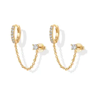 PAVOI 14K Gold Chain Earrings for Women - Double Piercing Dangle Chain Huggie Hoop Earrings - Cubic Zirconia Pearl Stud Ear Earrings for Women