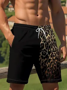 Men's Beach Vacation Shorts, & Gold Leopard Pattern, Quick-Dry Polyester, Drawstring Waist, Casual Loose Fit, Perfect for Hiking
