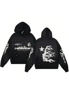 Hell Star Pattern Street Style Loose Zip Graphic Hoodies, Gothic Rock Hoodie, Unisex Casual Long Sleeve Sweatshirt, Sporty Warm Version, Men and Women