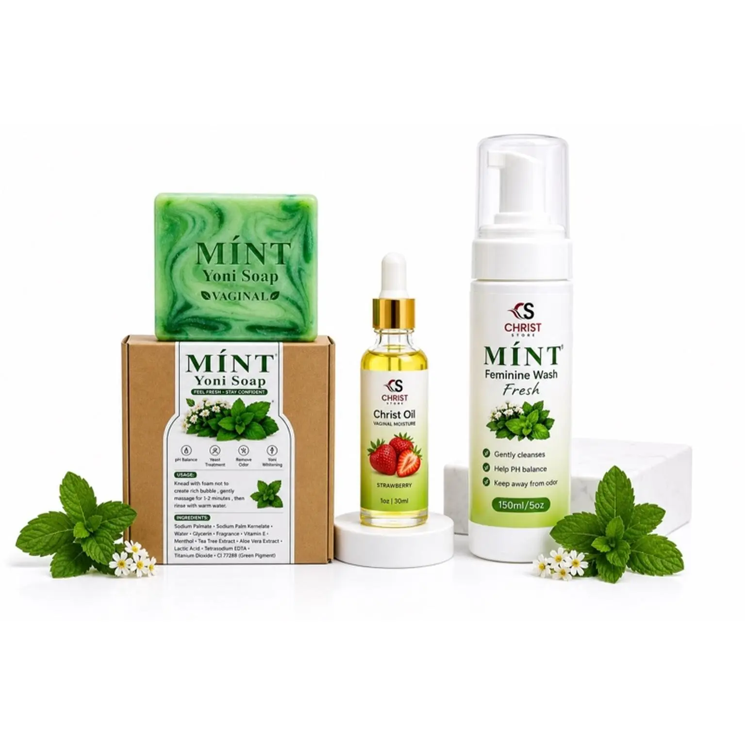Christ MINT Feminine Care Set Fresh Wash Mint Soap & Strawberry Moisture Oil for Gentle Cleansing and Moisture
