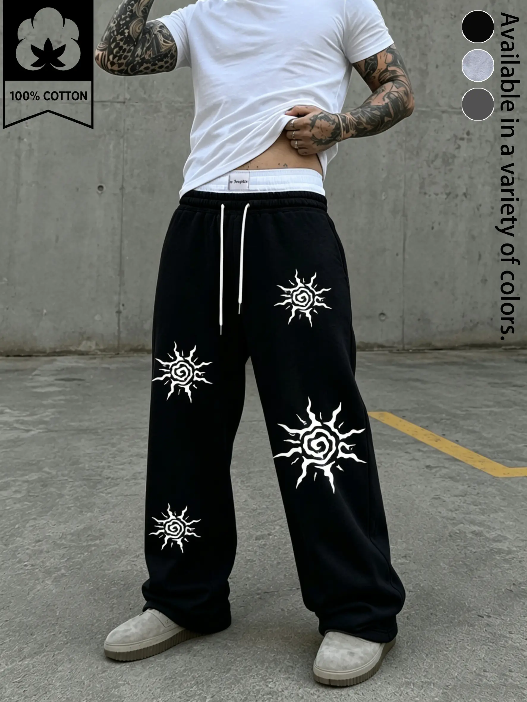 Men's 100% Cotton Faux Layered Double Waist Sweatpants, Y2K Wide Leg Jogger Pants, Low Rise Streetwear Lounge Trousers with White Drawstring and Tribal Sun Graphic Print, Loose Hip Hop Casual Gym Pants for Men Women, Relaxed Straight Leg Streetfit Fashion