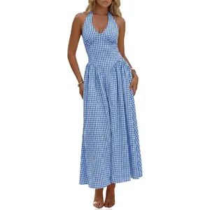 Wenrine Womens Halter V Neck Corset Maxi Dresses Summer Plaid Smocked Tie Back Backless Wedding Guest Drop Waist Dress