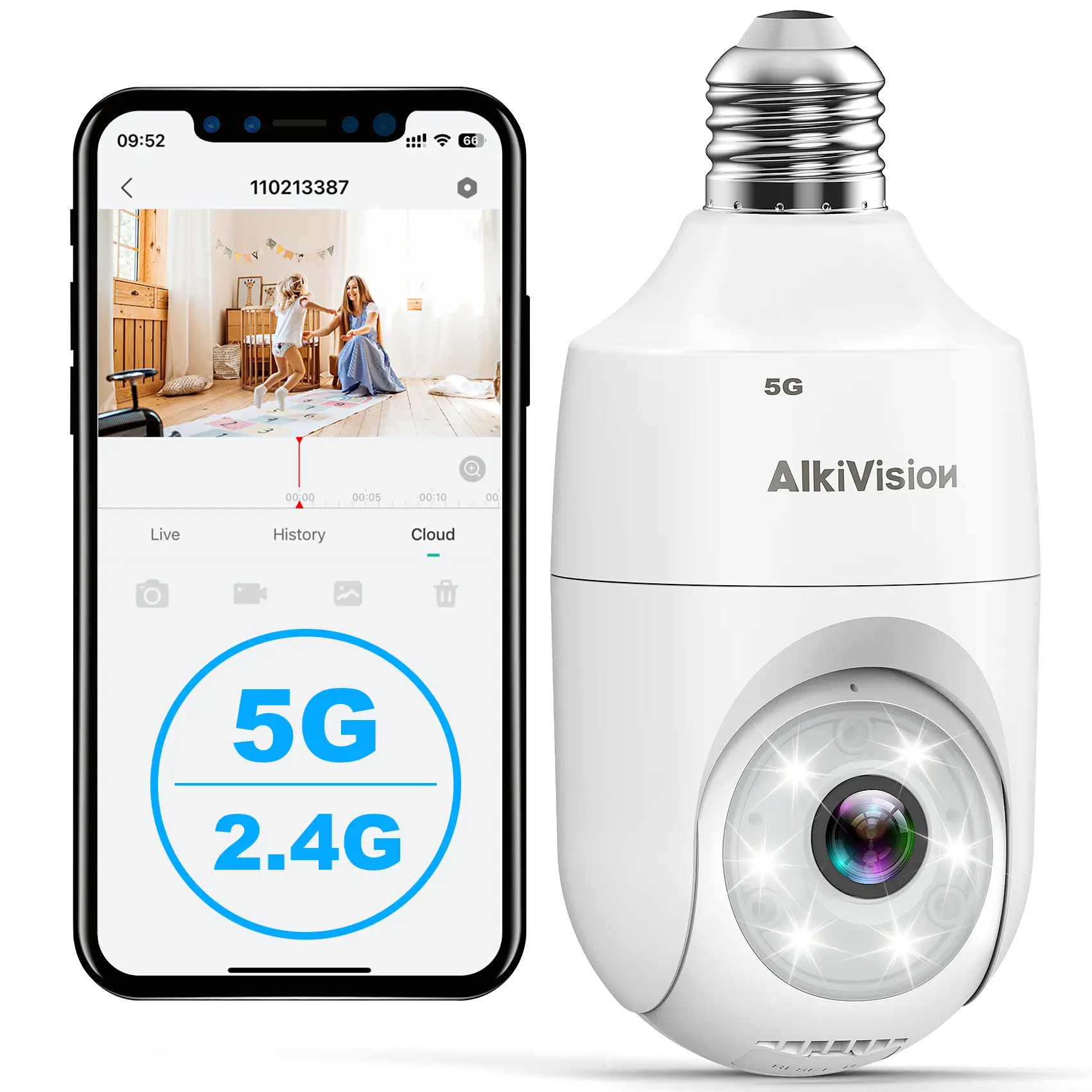 AlkiVision 2K Light Bulb Security Camera 5G&2.4GHz Dual Bands 360° Motion Detection Full-Color Night Vision Auto Tracking Siren Alarm 24/7 Recording