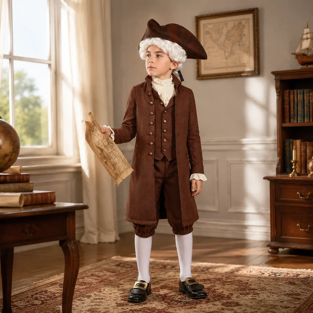 Kids Colonial Revolutionary War Costume Set, Boys 18th Century Founding Father Historical Outfit, Colonial Gentleman Tricorn Hat Period Cosplay Suit for Halloween School History Day Dress Up sohochic