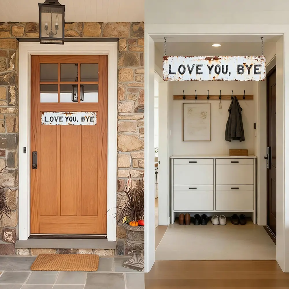 "Love You Bye" Rustic Metal Sign, Distressed Farmhouse Entryway Wall Art, Cute Family Quote Street Sign for Front Door Decor 16x4in Home Decoration Aluminium,home decor wall art,,vintage metal wall art,gift,art decor