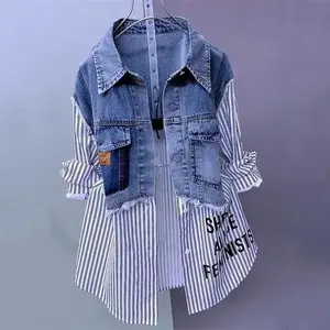 Women’s Fashion Denim Shirt/Jacket – Korean-Style Casual Patchwork Design for Spring & Autumn, Versatile Denim Coat/Windbreaker GARMENTARY