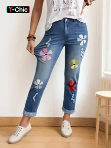 Women's Plus Size Stretch Denim Jeans, Floral Design, Fashionable Casual Everyday Wear, Four-Season Women's Plus Size Jeans