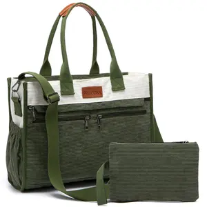 Corduroy Tote Bag for Women 2Pcs Set, 14-Pocket Lightweight Laptop Work Tote, Teacher & College Travel Crossbody Bag