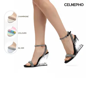 CELNEPHO Slide Sandals for Women Open Round Toe Morso Sandals Metallic Shark Heel Rhinestone Strap Design Easy Slip on Adjustable Ankle Strap Fashionable Tiger Teeth Flip Flops Thong Mules Dressy Party Wedding Clubbing Dress Shoes