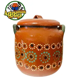 Artesanias Ortega Traditional Ceramic Clay Pot With Lid Small Size For Cooking Beans Handcrafted Decorative Design Cookware Mexican Classic
