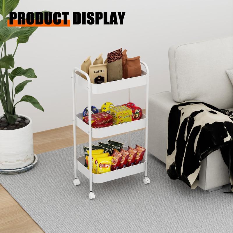 3-Tier Rolling Metal Utility Cart with 6 Hooks and Handle, Storage Cart on Wheels for Classroom, Office, Dorm, and Home – White/Pink
