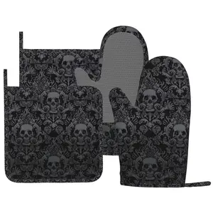 Gothic Skull Flower Black Oven Mitts and Pot Holders Silicone Kitchen Gloves Black Skull Potholders Heat Resistant 4Pcs Oven Gloves Hot Pads for Cooking,Baking,Grilling,BBQ, 7.2x11in+8x8in
