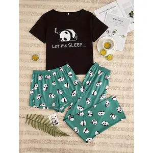3-count Womens Panda Print Pajama Set - Soft & Comfy, Crew Neck Tee, Elastic Shorts & Lounge Pants - Adorable Sleepwear for Lounging & Dreaming
