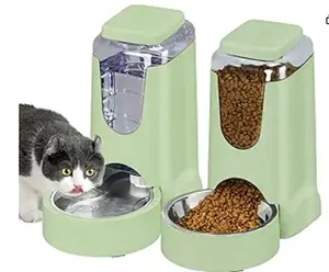 [Summervibes]Automatic Cat Feeder and Water Dispenser with Stainless Steel Bowl Dog Gravity Food Feeder and Waterer for Small Medium Pets Puppy Kitten 1 Gallon x 2