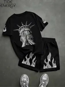 Men's Loose Fit Short Sleeve Shorts Set, Embroidered Lady Liberty & Silver Color Flame Print, Soft Breathable Street Style Tee Shorts Set, Menswear