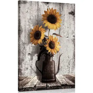2D Flat Rustic Sunflower Framed Canvas Wall Art, Vintage Flowers Floral Print Wood Frame Decor, Farmhouse Wall Decor for Bedroom, Home Office