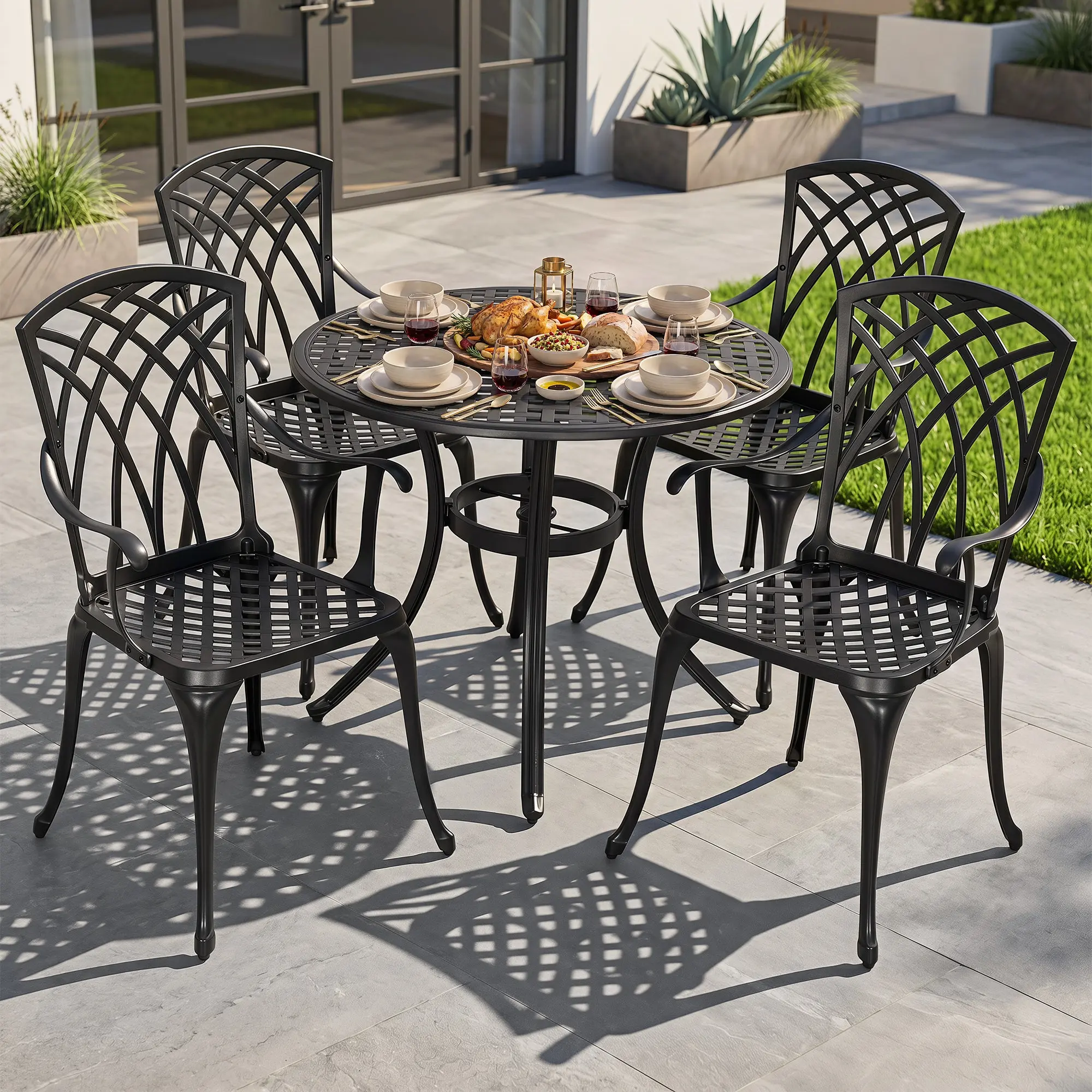 5 Piece Outdoor Cast Aluminum Dining Set, Round Patio Table and Chairs with Umbrella Hole for Patio or Deck, Lattice Weave Design