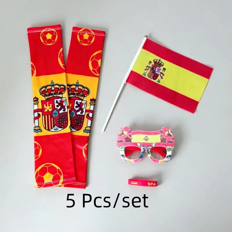 5 Pcs/set Spain Fans' Cheering Set, Includes Flags, Glasses, Wristbands, Arm Sleeves, Football Event & Party Decoration Items
